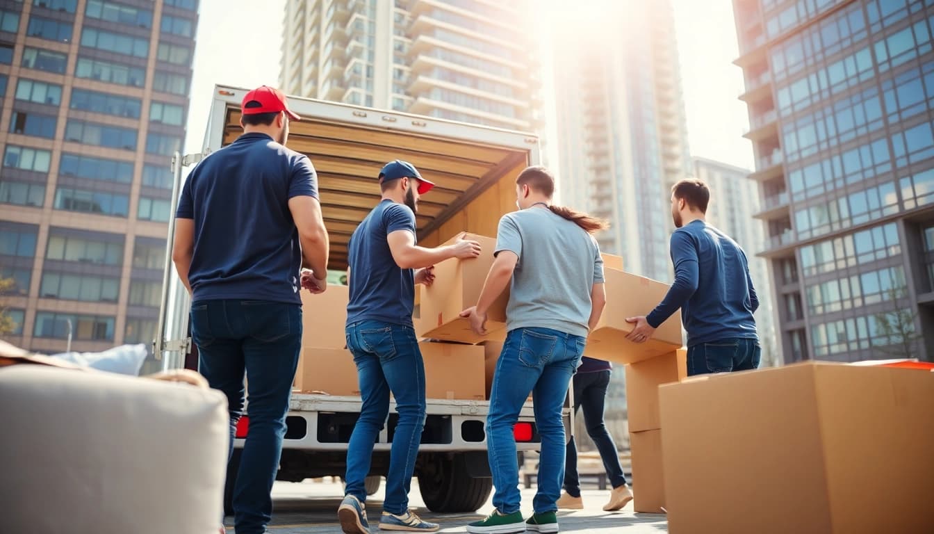 Calgary movers efficiently loading a truck with furniture in an urban setting.