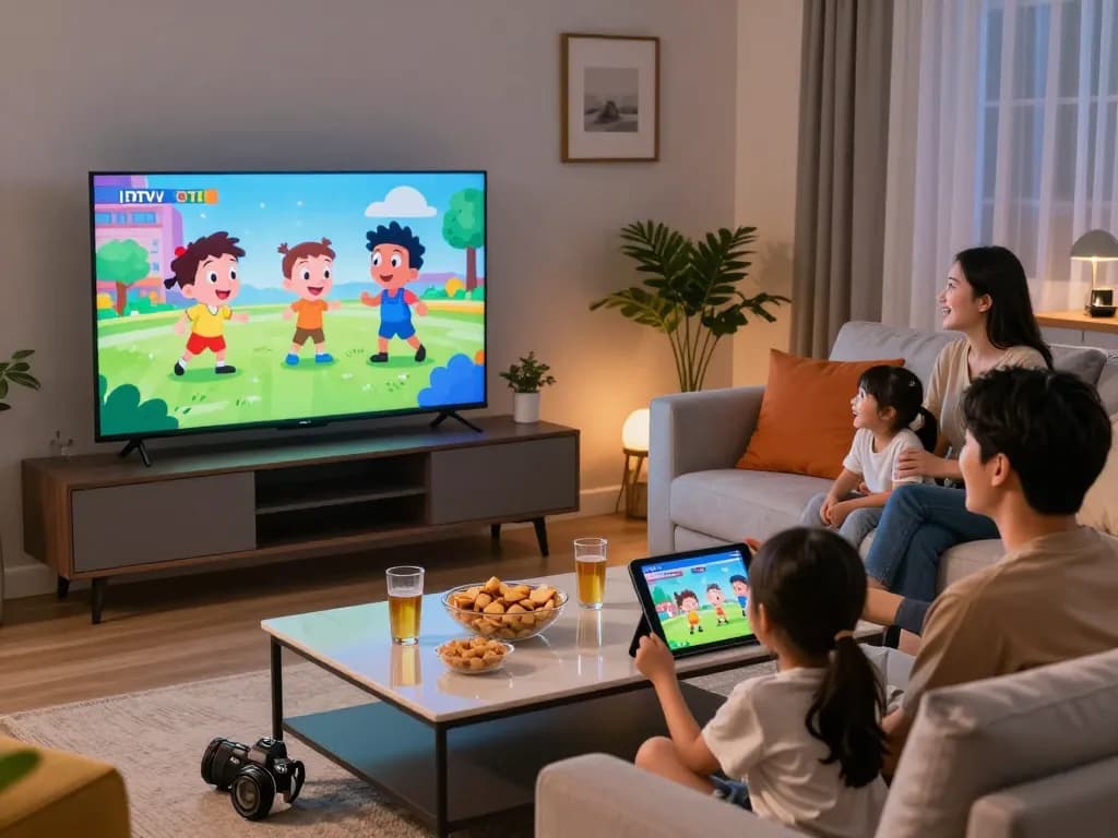 Gezin geniet van IPTV TV-streaming in een gezellige woonkamer.