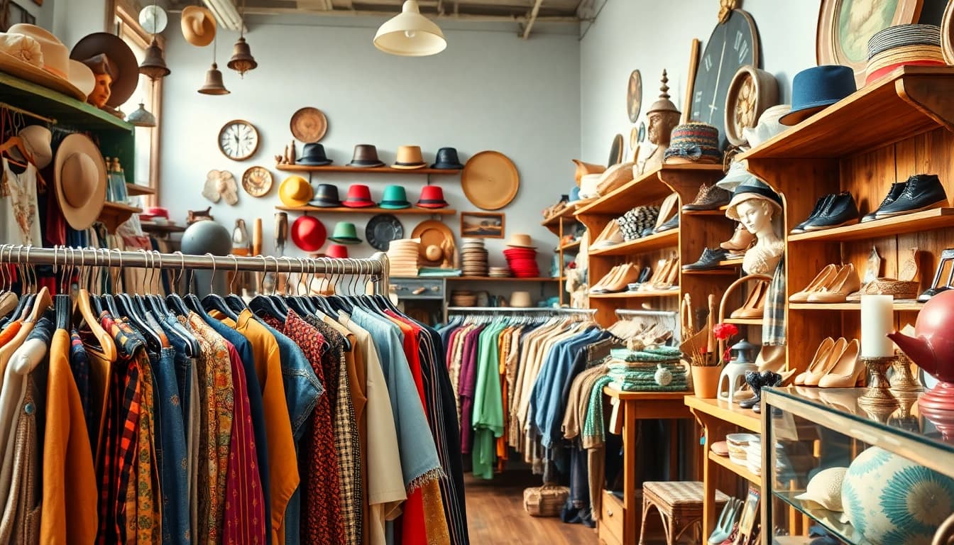 Browse through unique vintage finds at https://thrift-vintage.com/ featuring a colorful thrift store display.