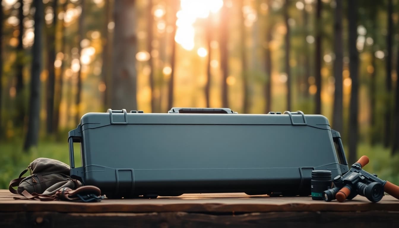 Showcasing a pelican rifle case with detailed texture and outdoor gear in a natural setting.