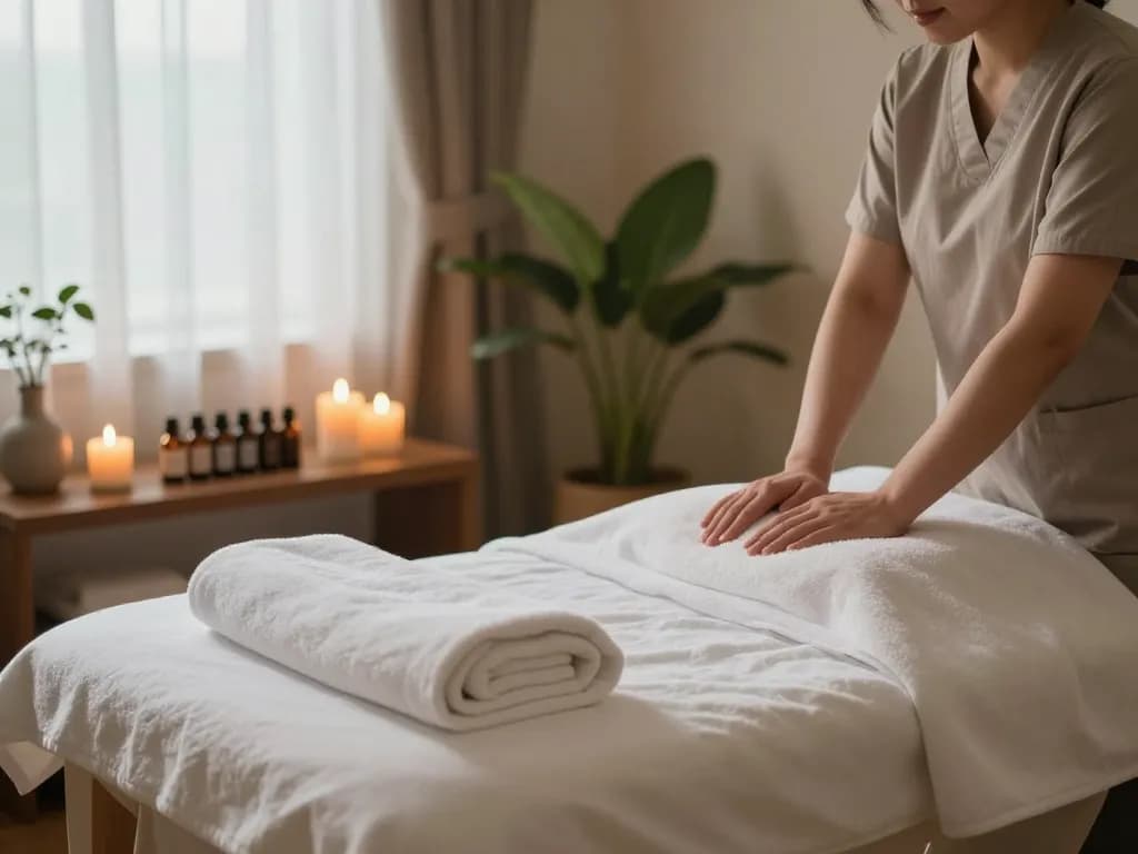 Relaxing 삼산동마사지 therapy room with soft lighting and aromatic oils.