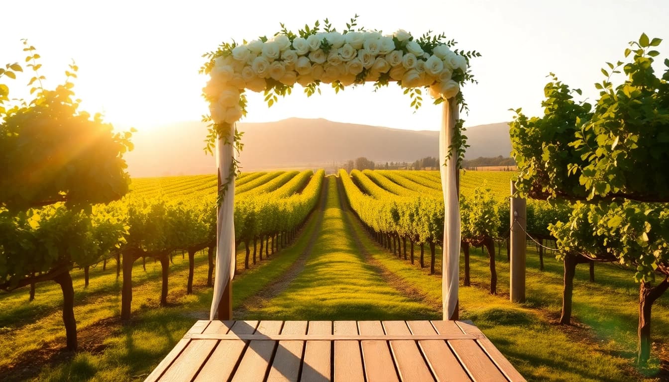 Couple exchanging vows at Clarksburg wedding venues amidst lush vineyards.