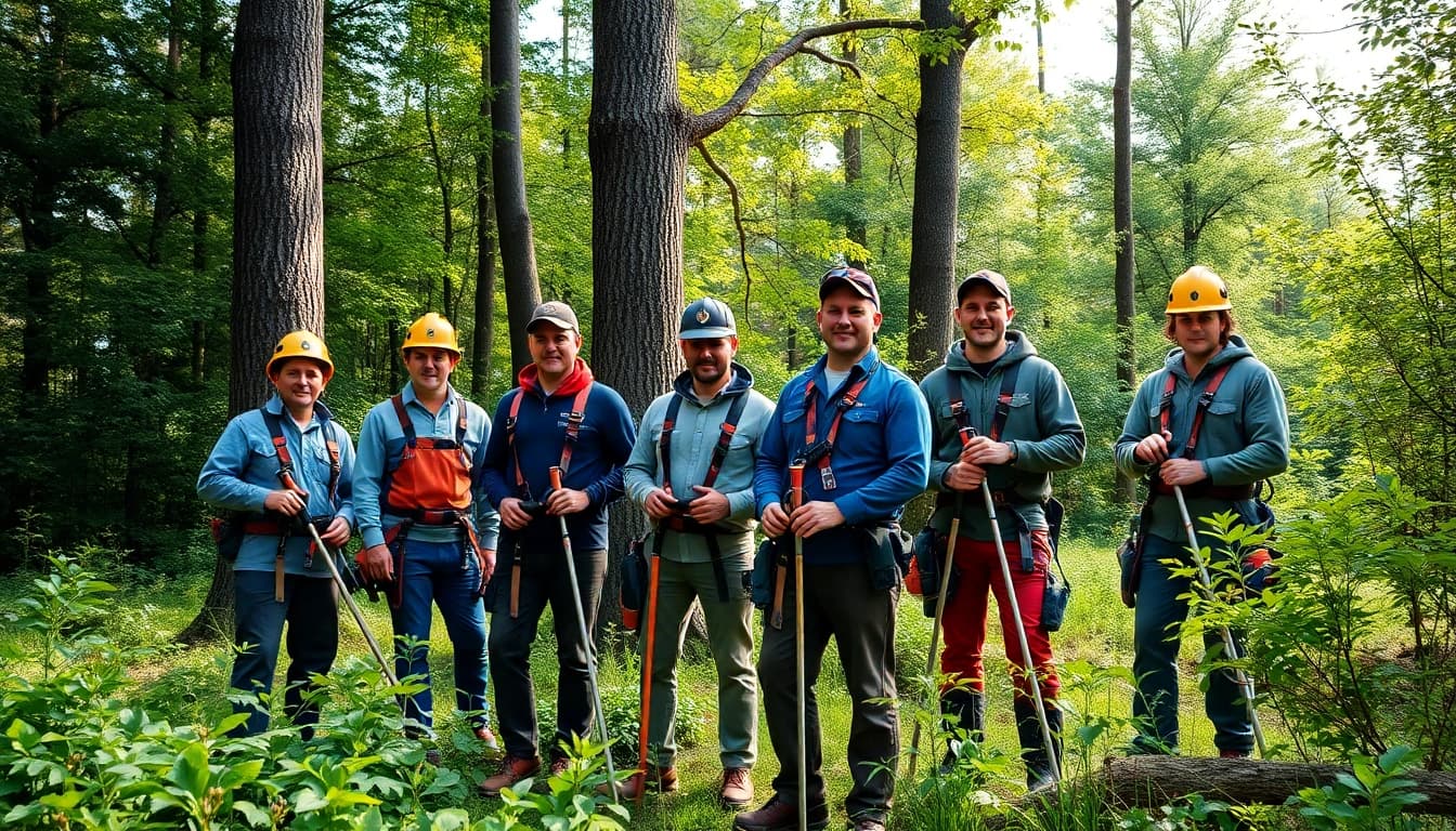 Tree care specialists from Black Mountain Tree Consultancy using professional equipment in a vibrant forest.