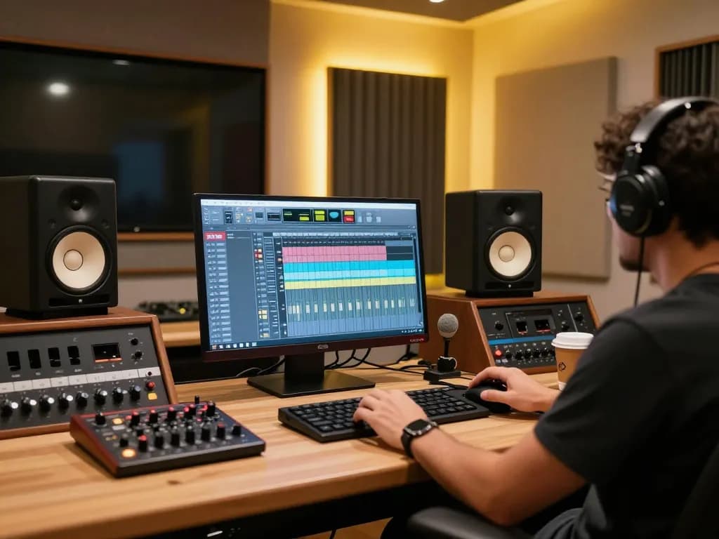 Audio engineer using SC88 sound module in modern studio