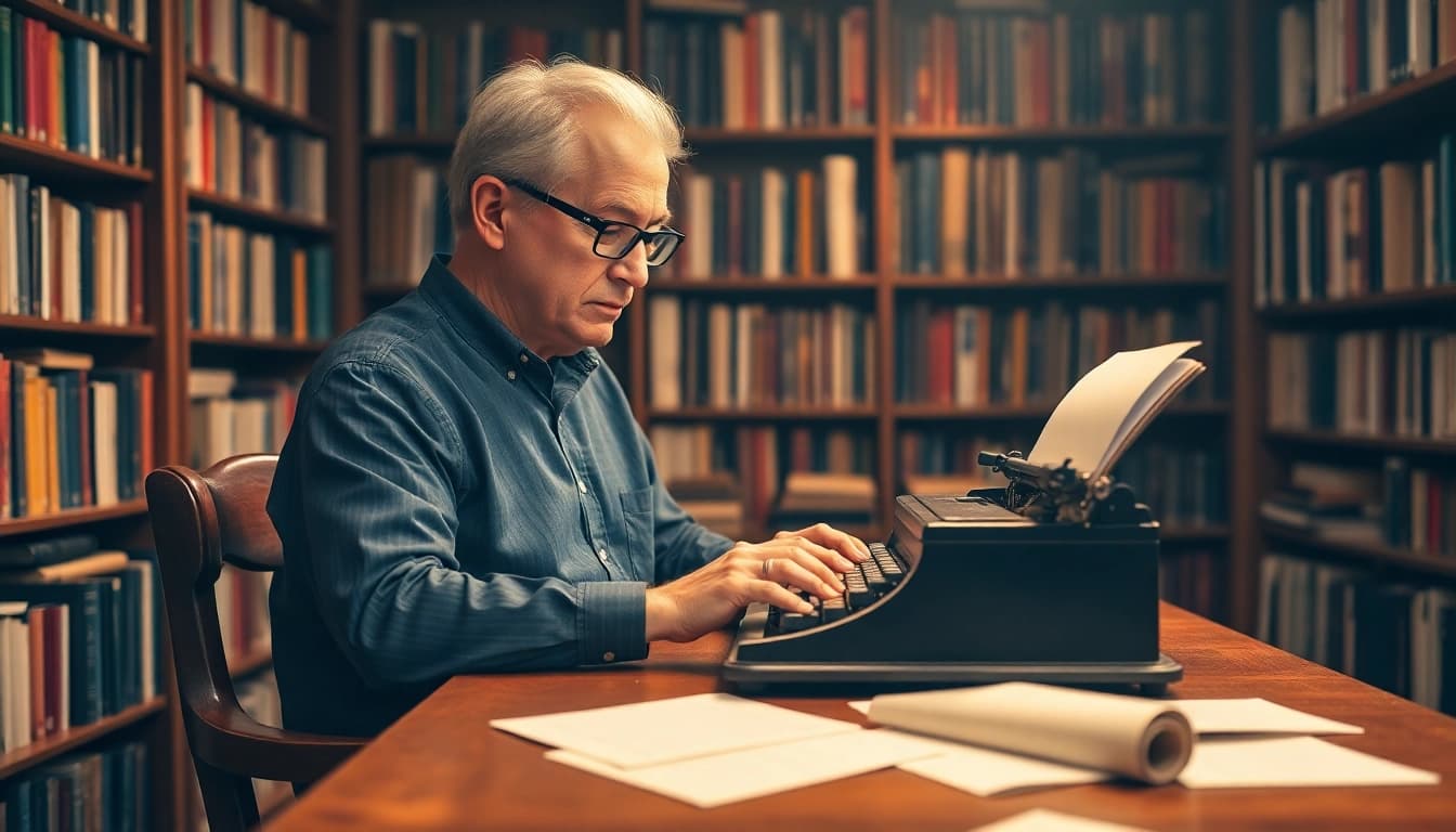 Author typing on a typewriter, immersed in writing in a cozy study