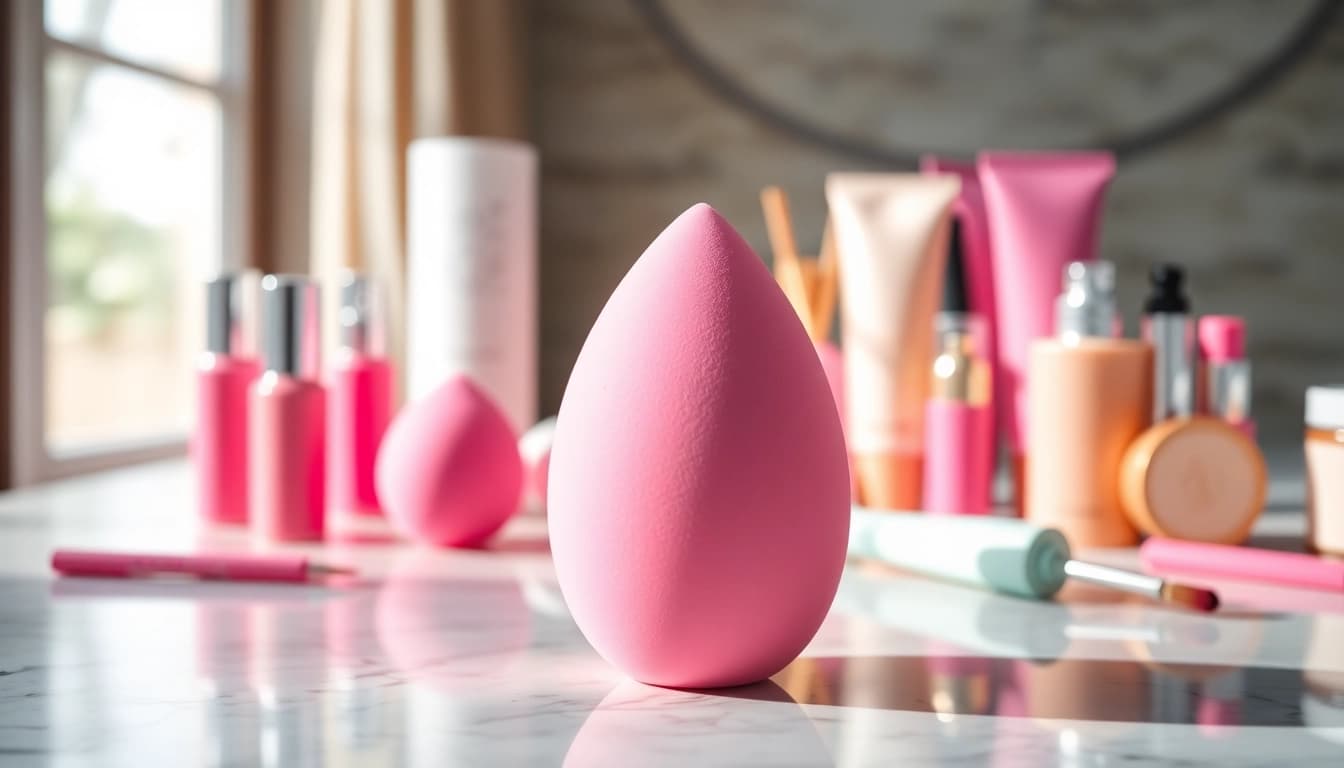 Applying makeup with a silicone beauty blender on a marble countertop for a flawless finish.