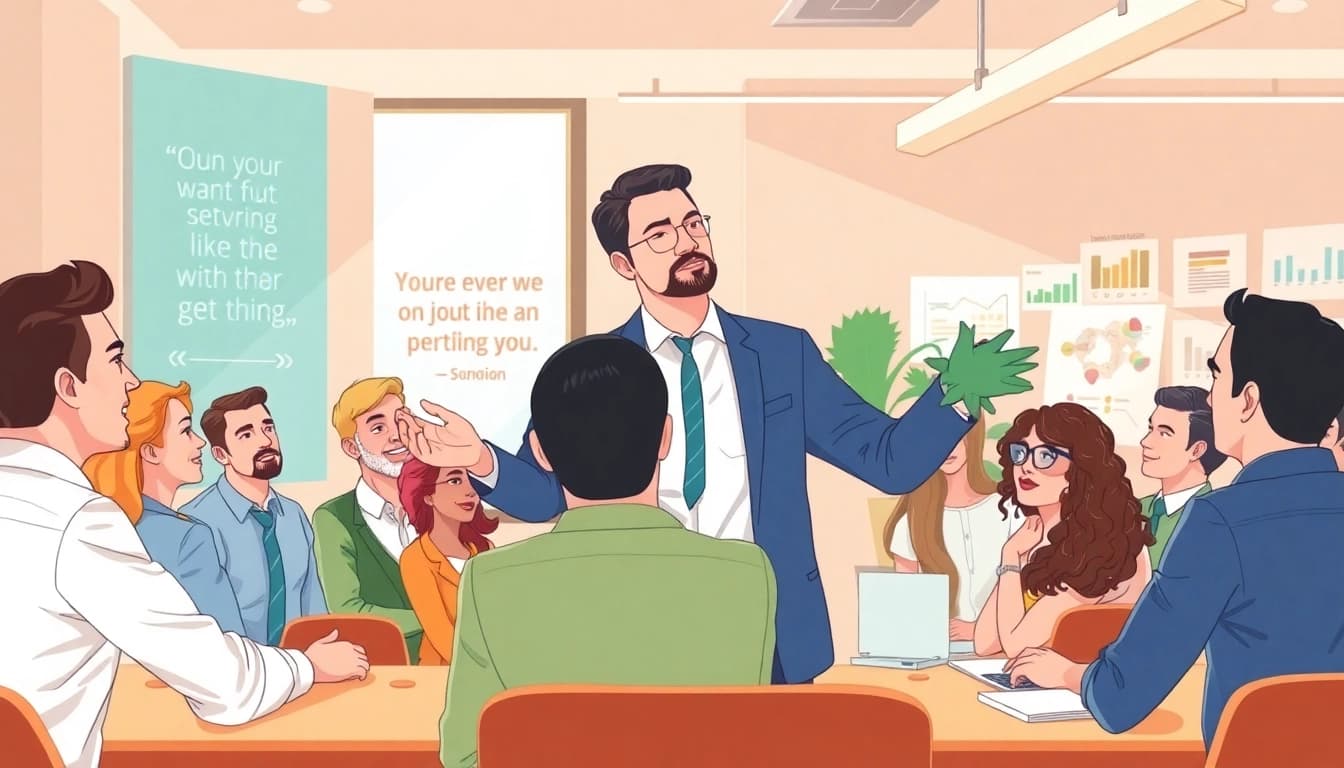 Showcasing founder leadership insights through a professional leader guiding a team in a modern office.
