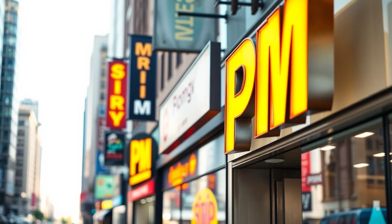 Bright urban display of pm signs promoting business visibility.