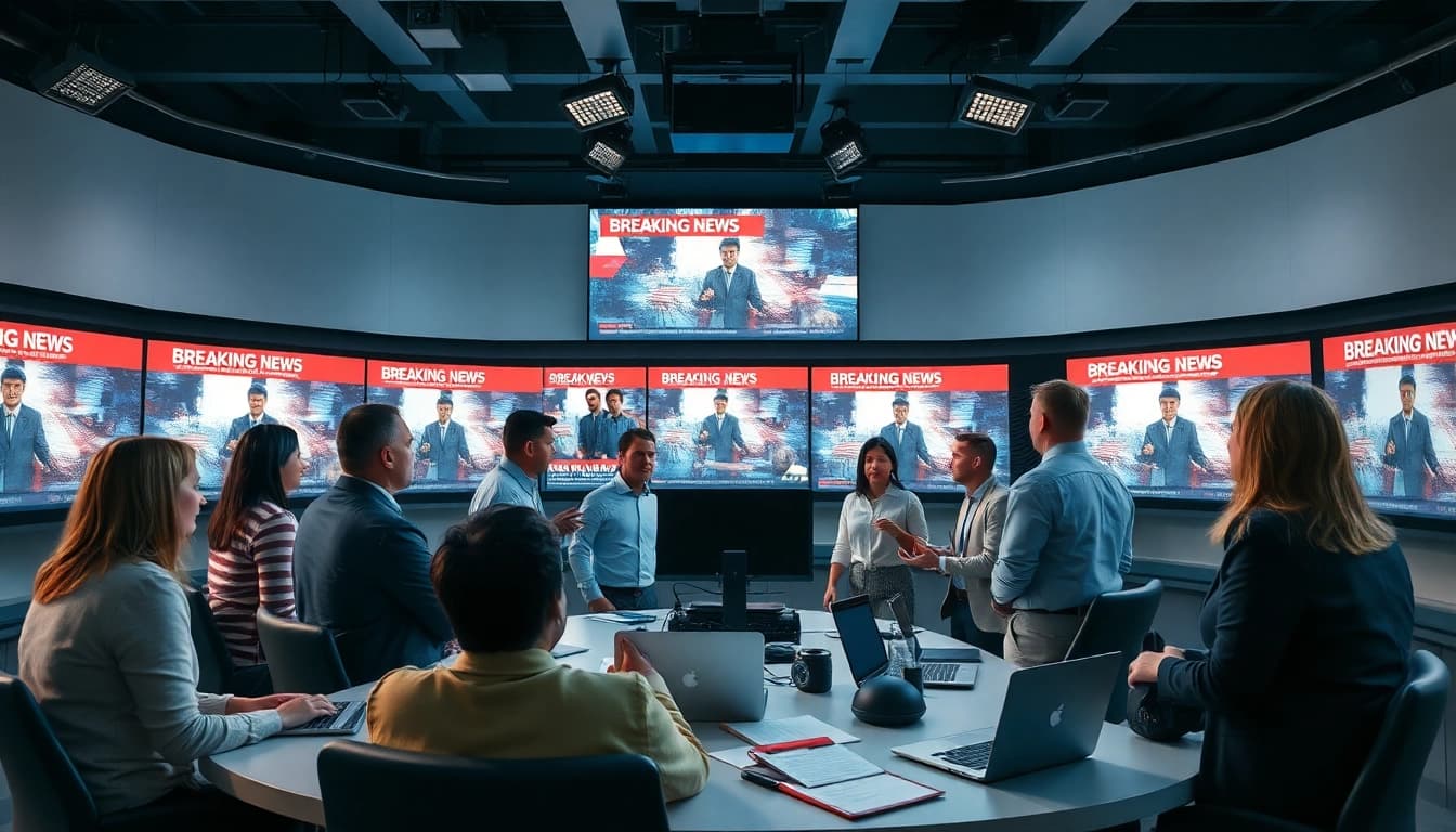 Journalists actively reporting the latest news in a modern newsroom setting.