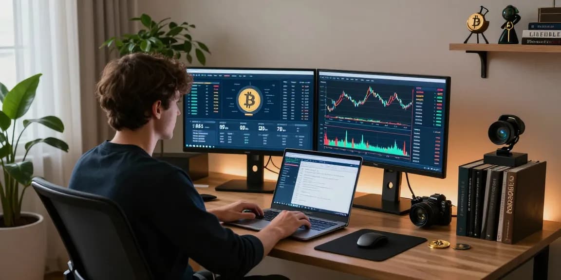 Bitcoin mining company workspace highlighting real-time mining statistics, cryptocurrency market analysis, and professional mining setup in a modern environment.