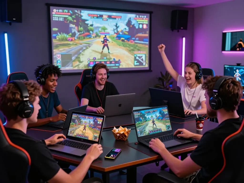 Engaging group playing various porn games online in vibrant gaming setup.