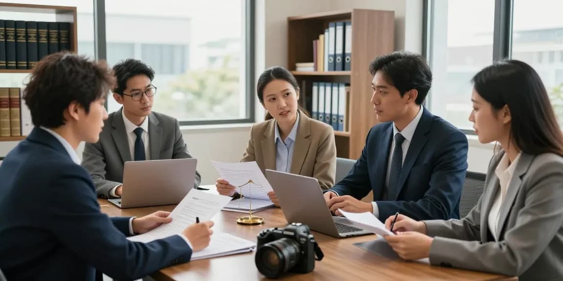 개인회생을 위한 전문 법률 상담 장면, 법률팀이 문서를 검토하며 토론하는 모습
