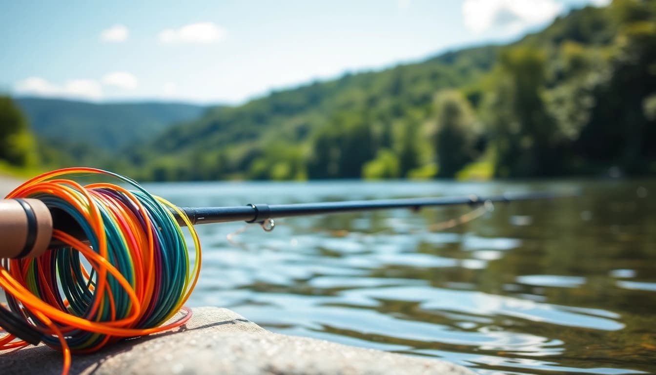 Fly fishing line coiled beside a fly rod on a tranquil riverbank setting.