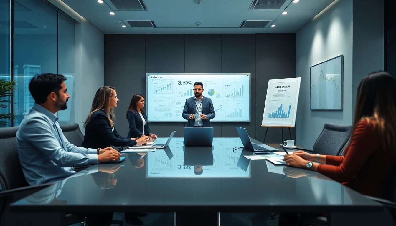 Audit Services in UAE: Professional auditors collaborating over financial reports in a modern office.
