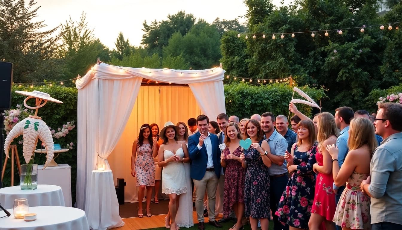 Experience fun and joy with this photo booth rental at a beautiful outdoor wedding.
