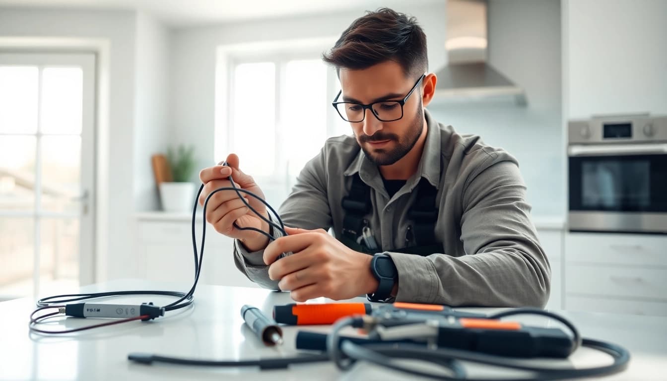Professional electrician working in West Vancouver kitchen, demonstrating expertise and skills.