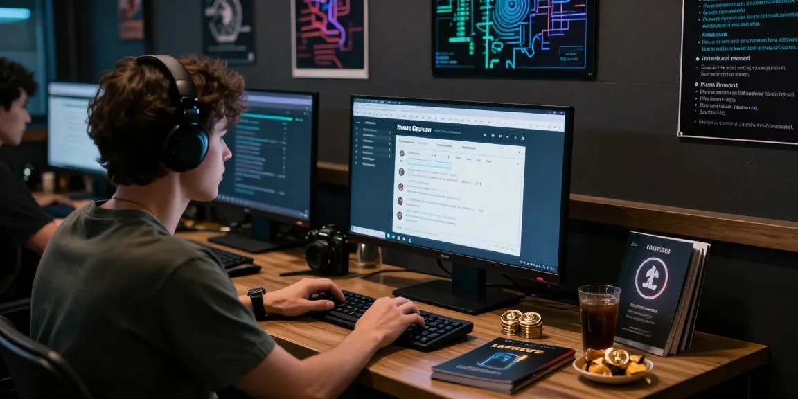 User analyzing Nexus darknet market link on multiple screens in a cyber café with cryptocurrency guides and tech posters.