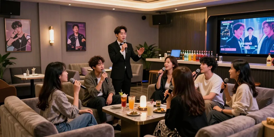 강남쩜오의 프리미엄 분위기에서 고객들이 즐겁게 노래하는 장면