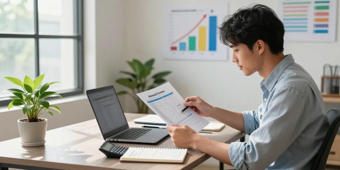 Focused young professional reviewing financial documents regarding deposit 5000 in a modern home office.