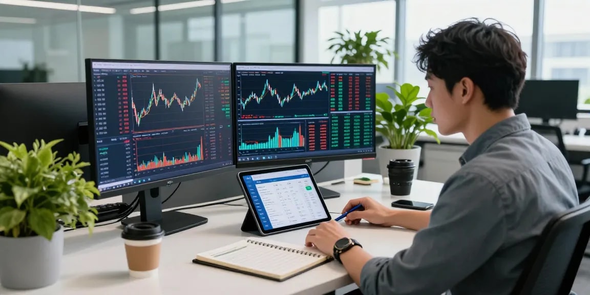 Data analyst analyzing real time market data on multiple screens in a modern office