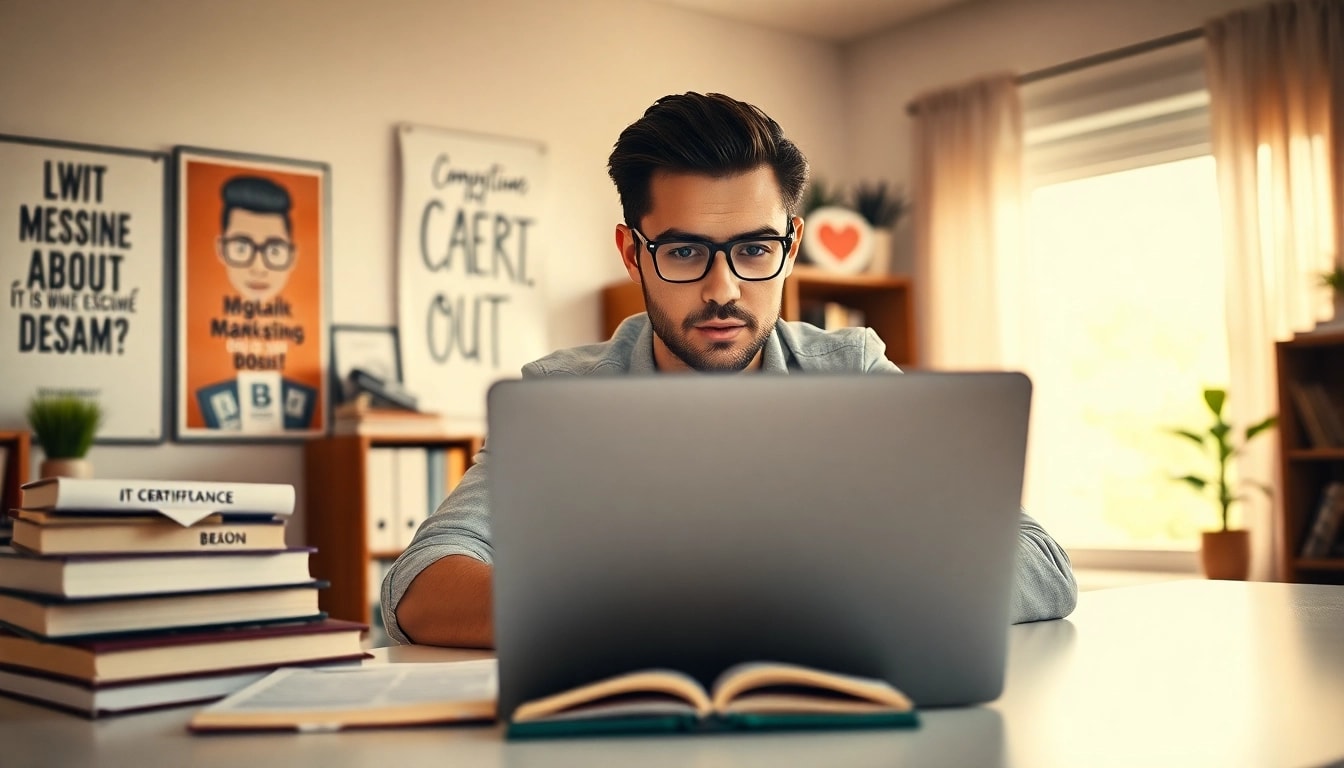 Student focused on passing IT certification exams in a bright home office setting.