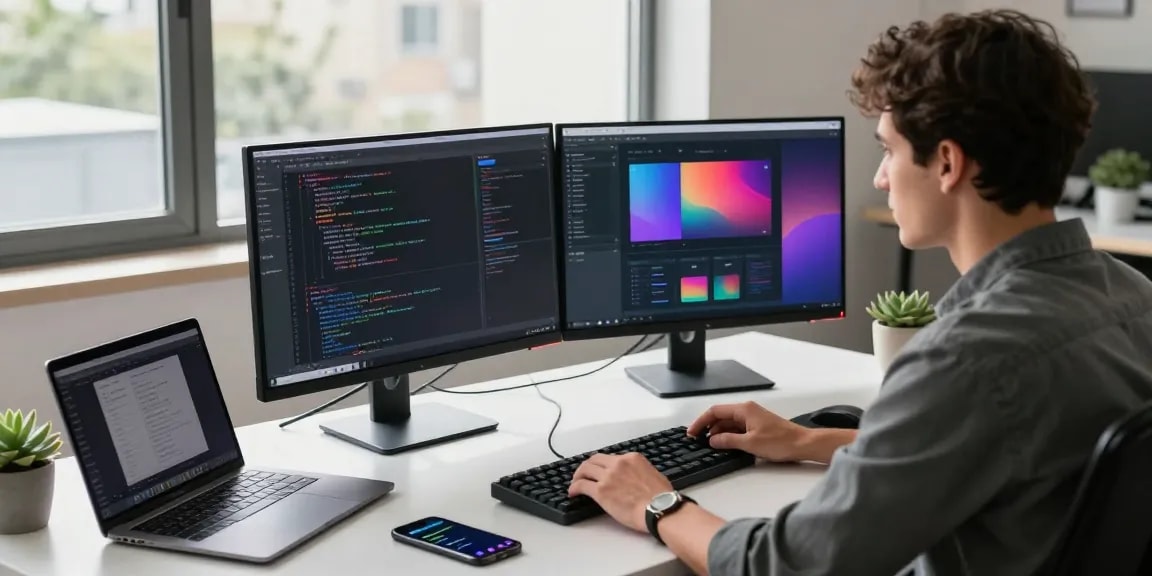 Image depicting a developer focused on code and design in a modern office environment, showcasing the essence of 纸飞机下载.
