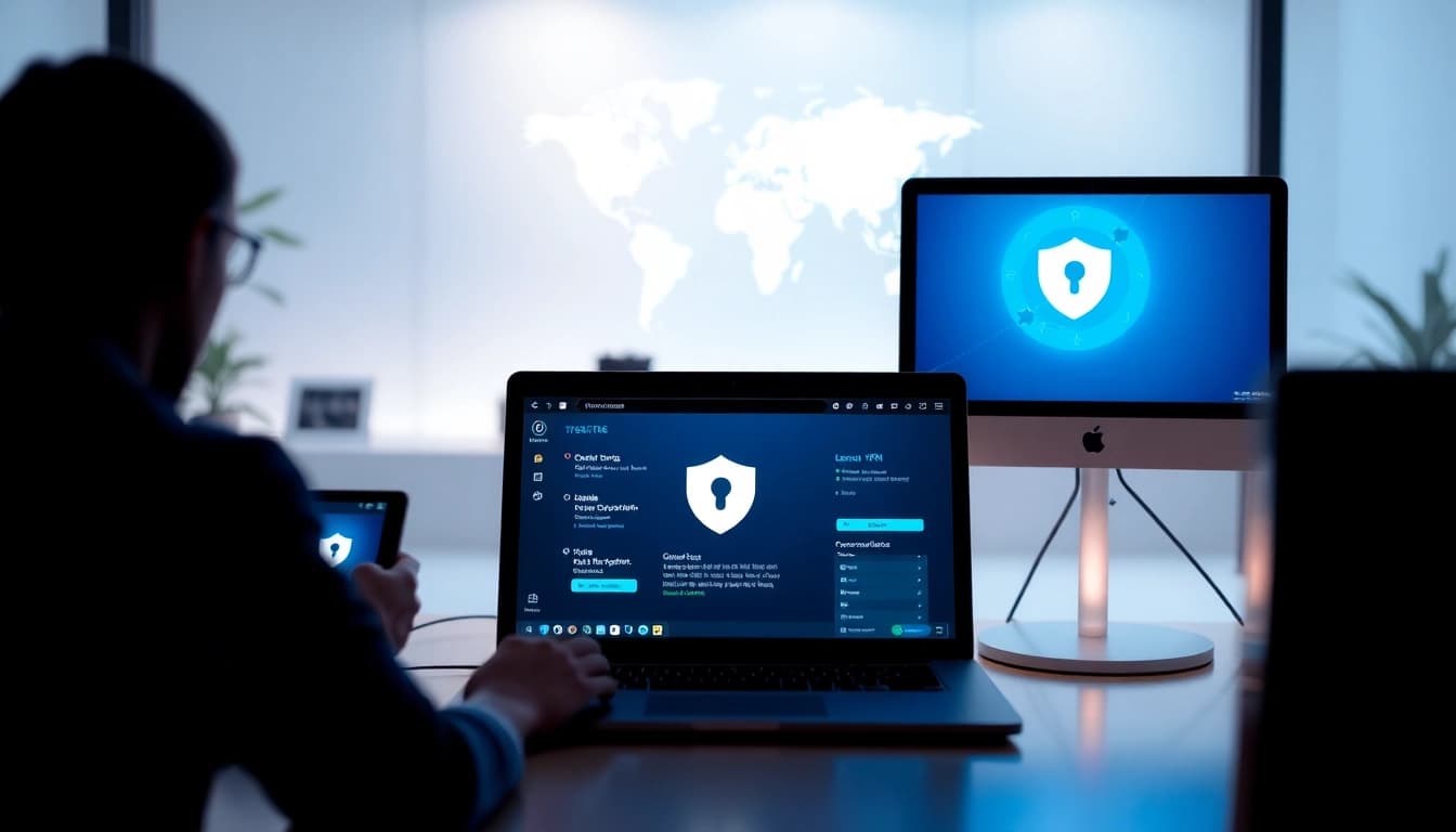 在现代工作空间的设备上显示的快连 VPN 界面,象征着全球安全连接。
