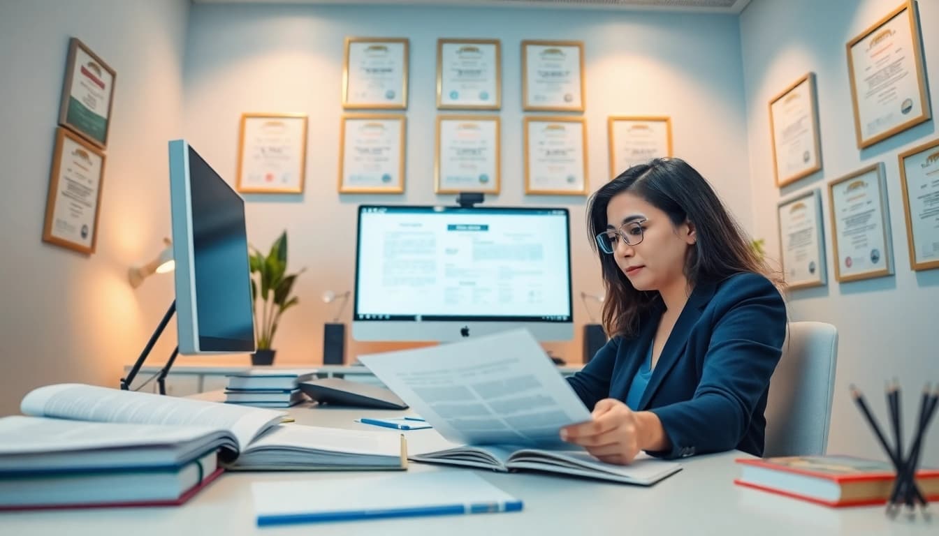 Professional translator jurado working in an office with documents and certificates.