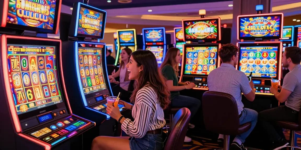 Friends celebrating a jackpot win at a lively slot machine on a bustling casino floor.