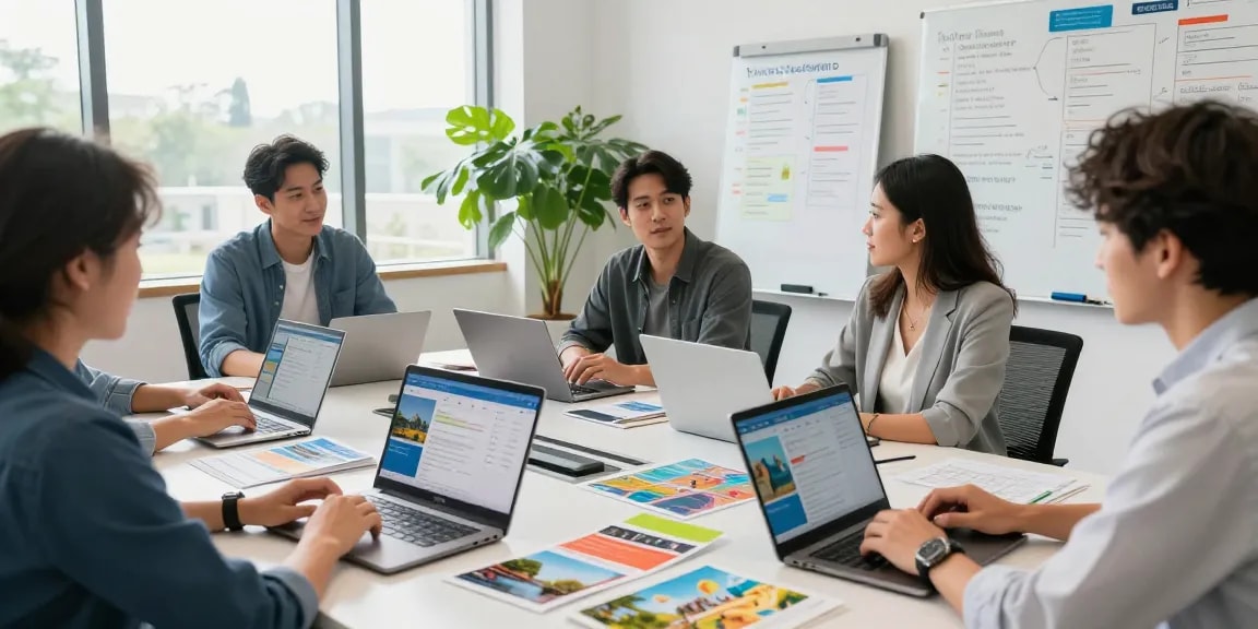 Travel advisor CRM interface in a vibrant travel agency office during a brainstorming session with multiple advisors.
