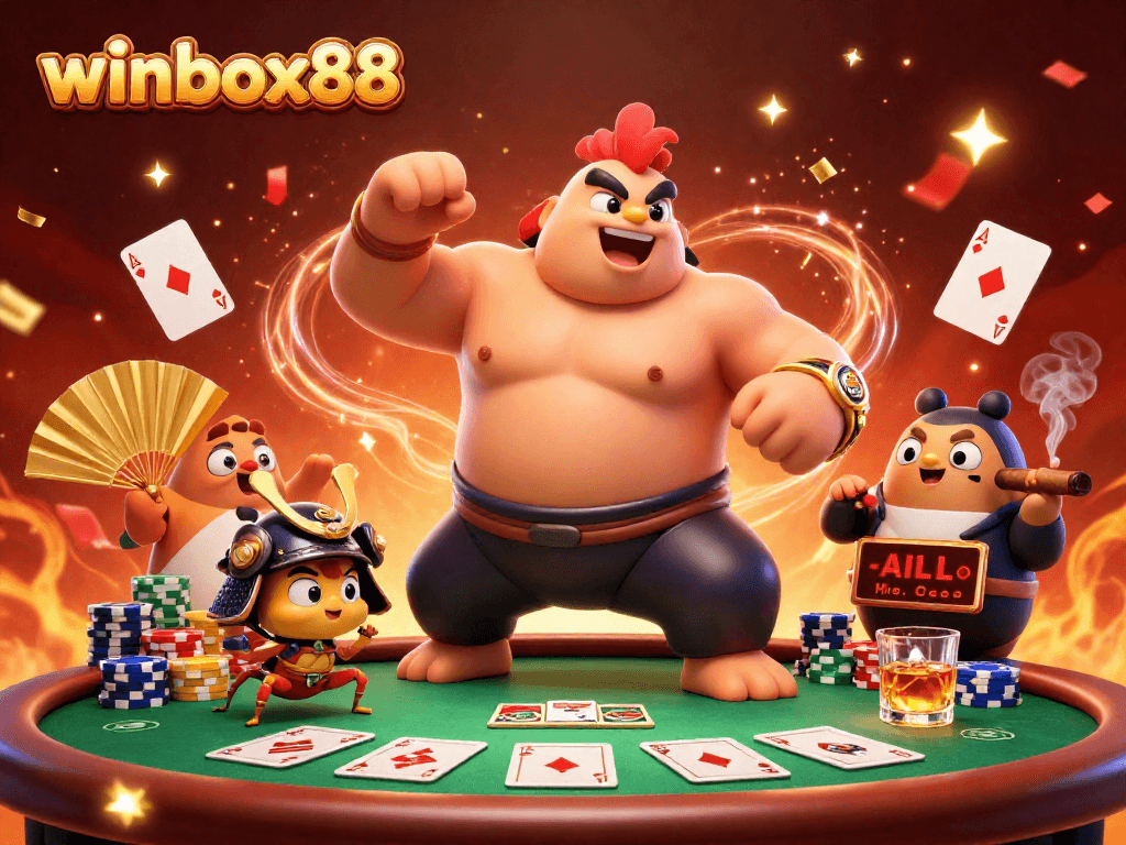 Experience winbox88 with vibrant casino action featuring unique characters and poker elements.