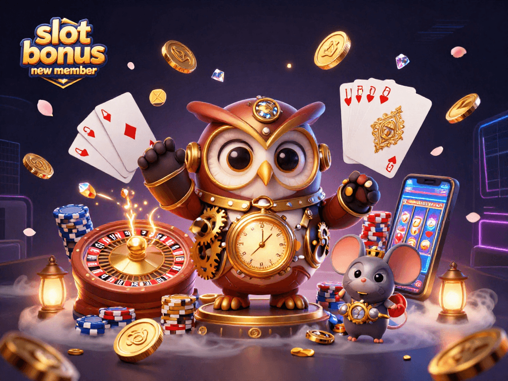 Engage with the thrilling world of slot bonus new member through a vibrant casino scene featuring whimsical characters and dynamic game elements.