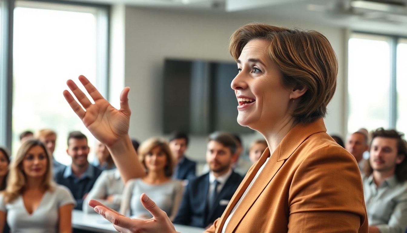 Public Speaking Coach captivating an audience during a dynamic presentation.