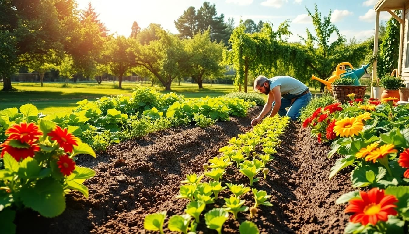 Gardening scene showcasing a gardener planting seeds among vibrant flowers and lush green plants.