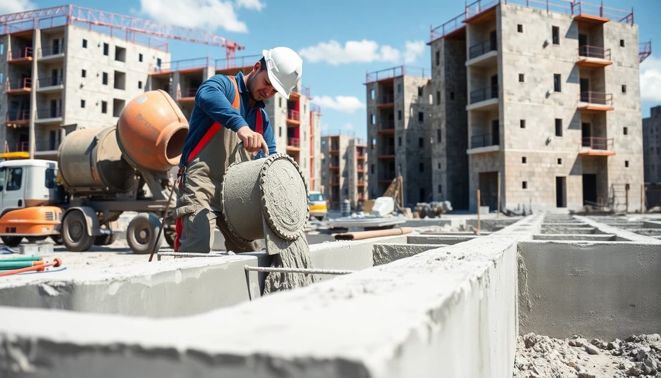www.1stconcretecontractor.com showcases a concrete contractor pouring concrete at a construction site.