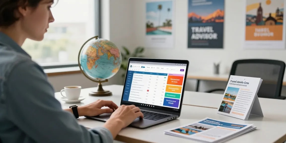 Professional using travel advisor crm software in a sleek office with travel decor.