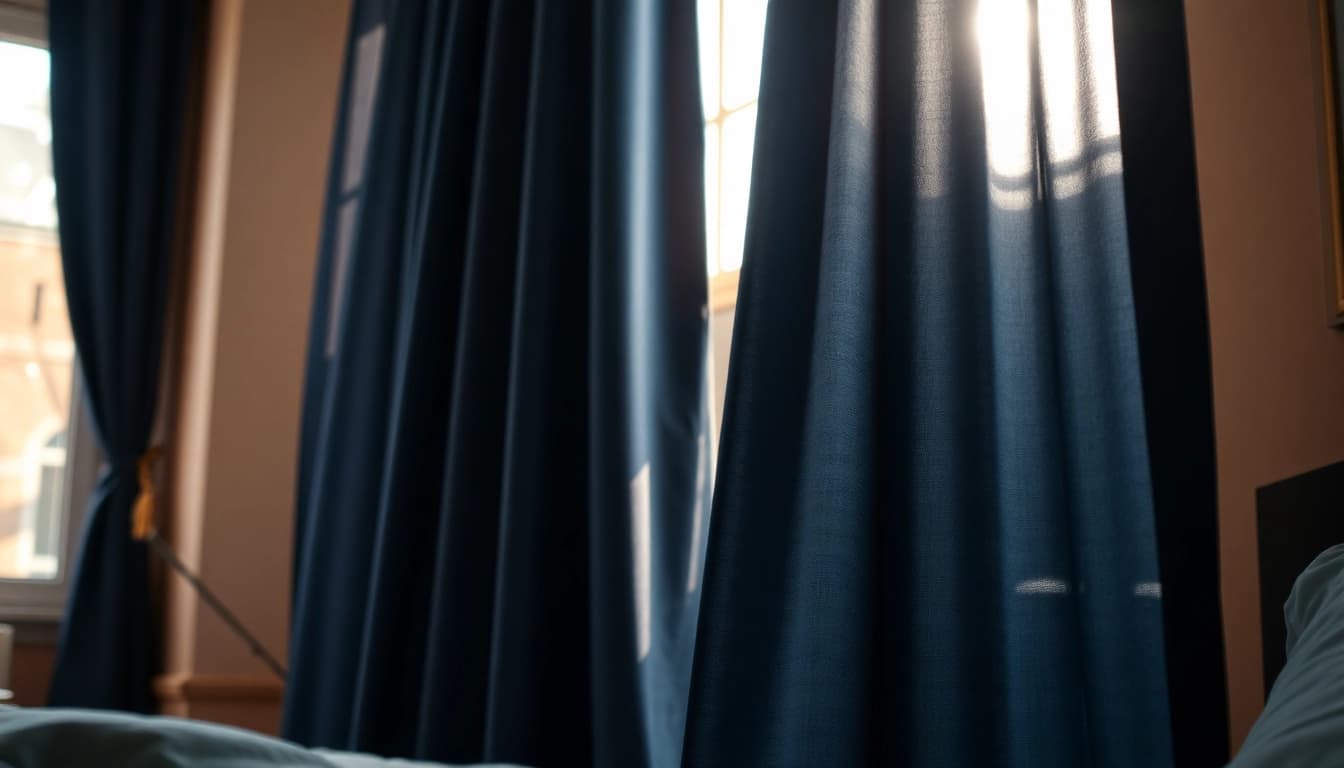 Verduisterende gordijnen in een elegante slaapkamer met natuurlijke verlichting en warme, aardse tonen.