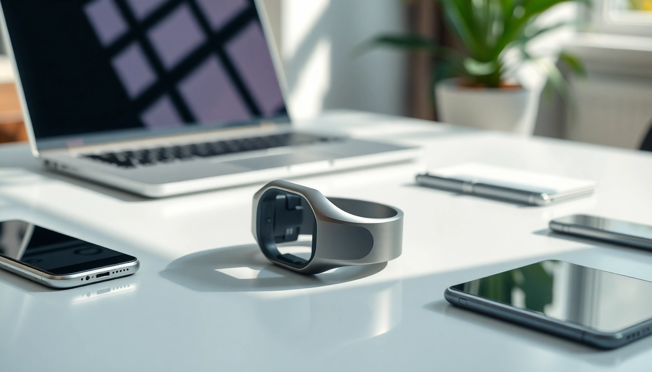 Showcase of the Ringconn smart wearable on a modern desk, emphasizing technology and innovation.