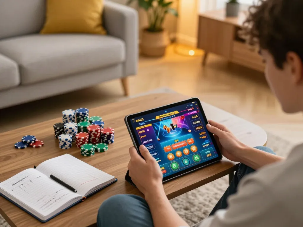 Enjoying 888now đăng nhập on a tablet in a cozy home gaming setup showcasing online casino experience
