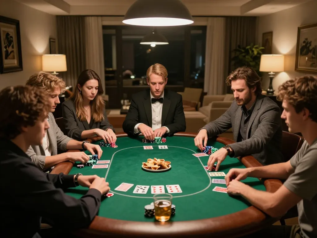 Players engage in an intense poker game while enjoying snacks and drinks, highlighting giường bệnh nhân comforts in a social evening