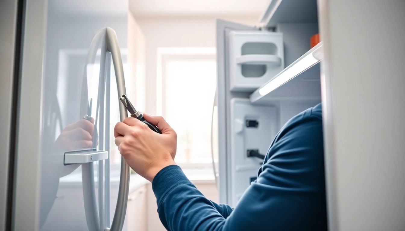 Expert in fridge repair near me adjusting modern refrigerator components for optimal performance.