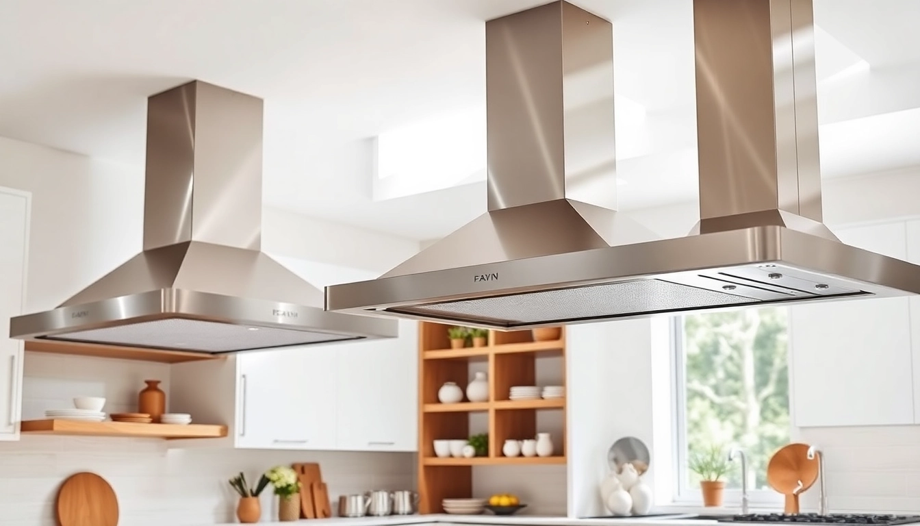 Kitchen hoods showcased in a modern design kitchen with elegant decor and natural lighting.