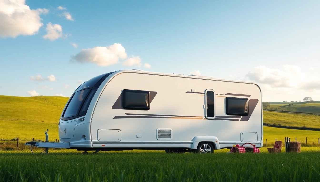 Explore the elegance of Hugh Daly Caravans parked in a serene countryside setting with vibrant colors.