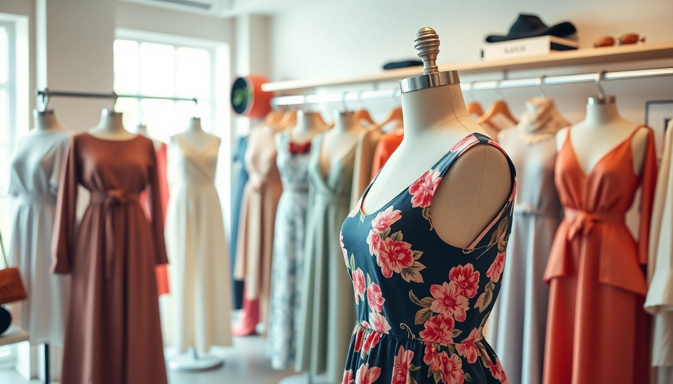Showcasing vibrant women clothing outfits in a trendy boutique setting, capturing style and elegance.