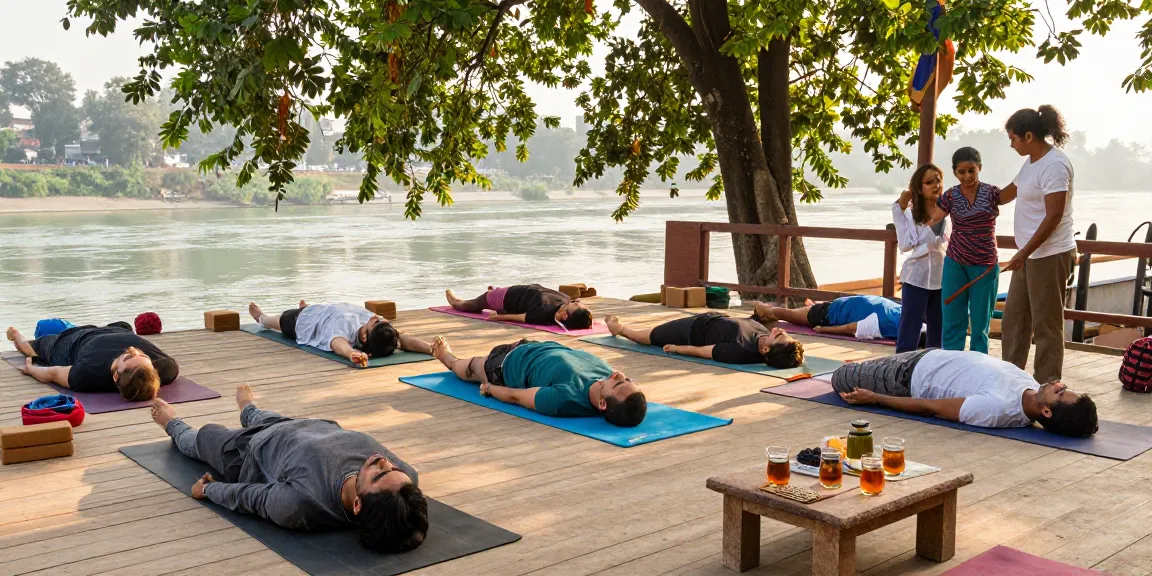 Best yoga teacher training course in Rishikesh India with diverse students practicing yoga by the Ganges River in a serene atmosphere.