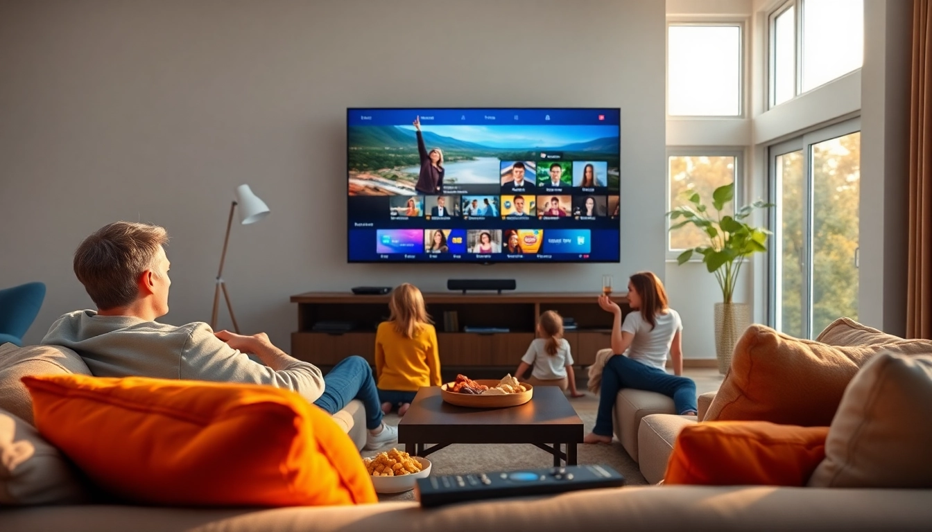 Family watching streaming tv from a large screen in a cozy living room setting.