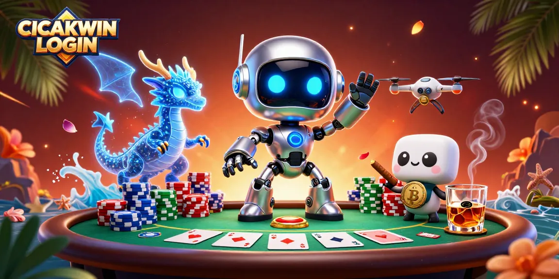 CICAKWIN LOGIN showcases a vibrant gambling scene with poker elements and a cyberpunk theme.