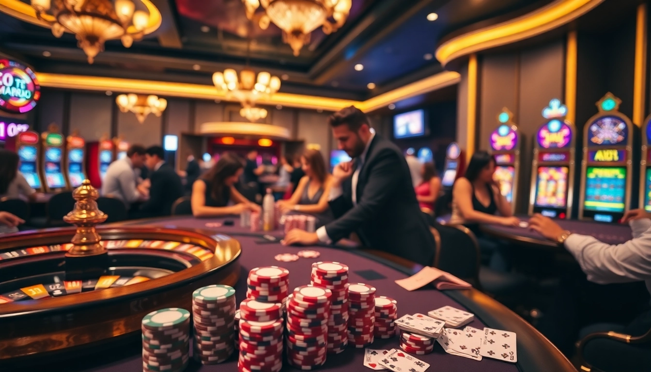 Menggugah pemain poker di kasino, terinspirasi oleh jmacdonaldphoto.com dengan mesin slot yang berwarna-warni.