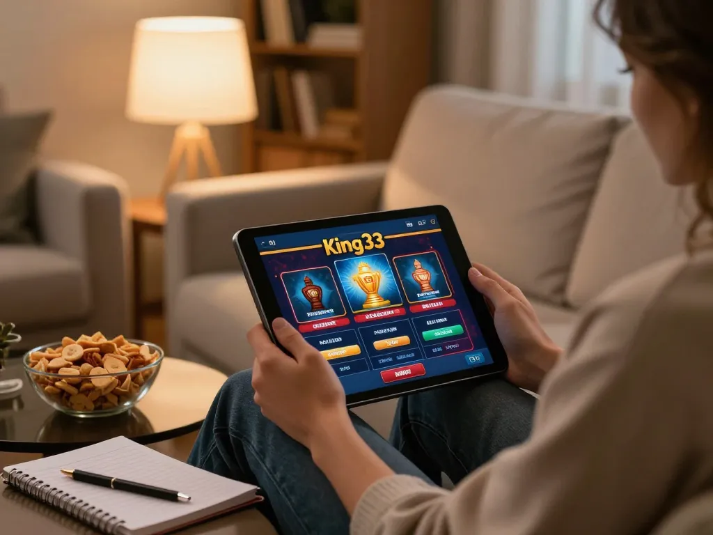 Engaging in king33 online gaming on a tablet in a cozy home setting while tracking strategies.