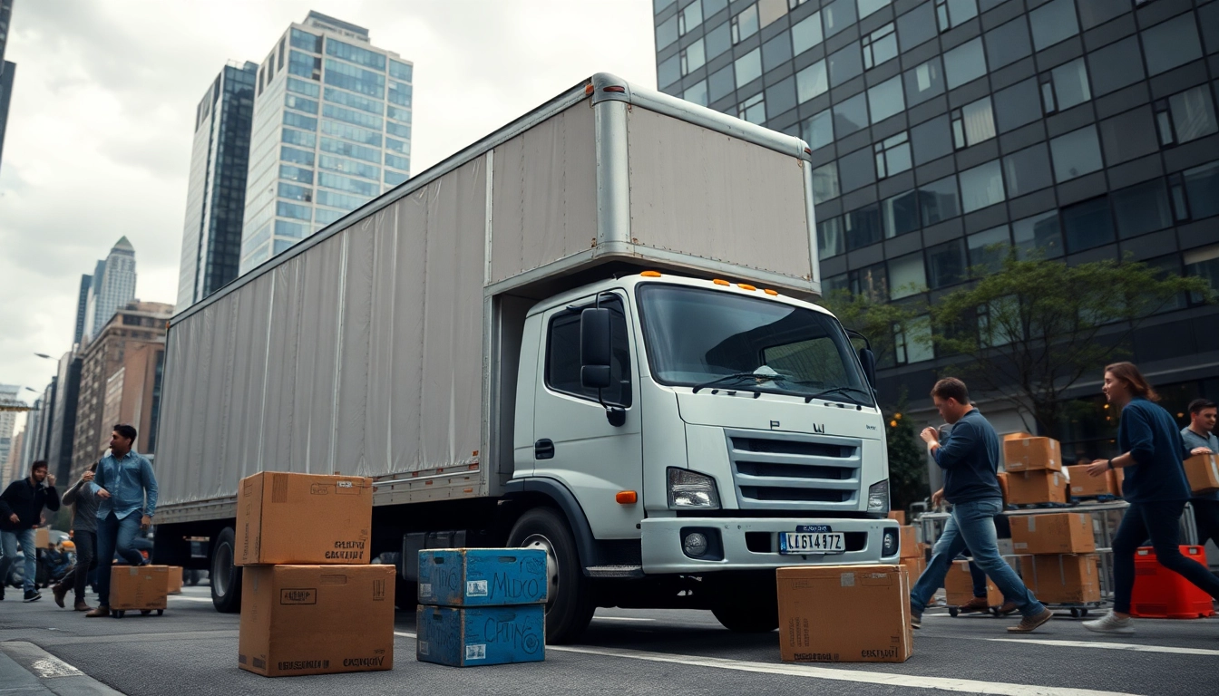 Provincial moving truck in action delivering boxes in a vibrant city setting.